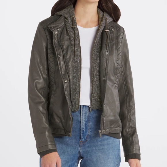 MO-KA - (Dark Grey) Meriam Knit Hood Faux Leather Jacket - Picture 3 of 4